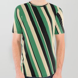 [ Thumbnail: Tan, Sea Green & Black Colored Striped Pattern All Over Graphic Tee ]