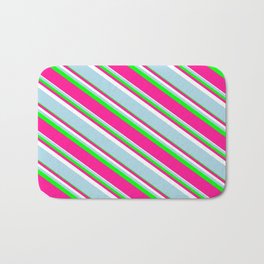 [ Thumbnail: Lime, Deep Pink, White & Light Blue Colored Pattern of Stripes Bath Mat ]