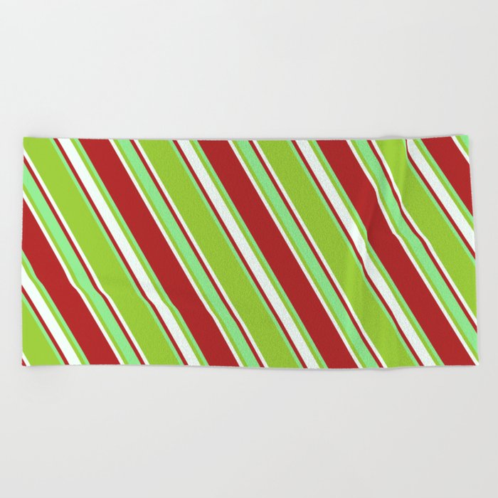 Red, Light Green, Green & Mint Cream Colored Lines Pattern Beach Towel
