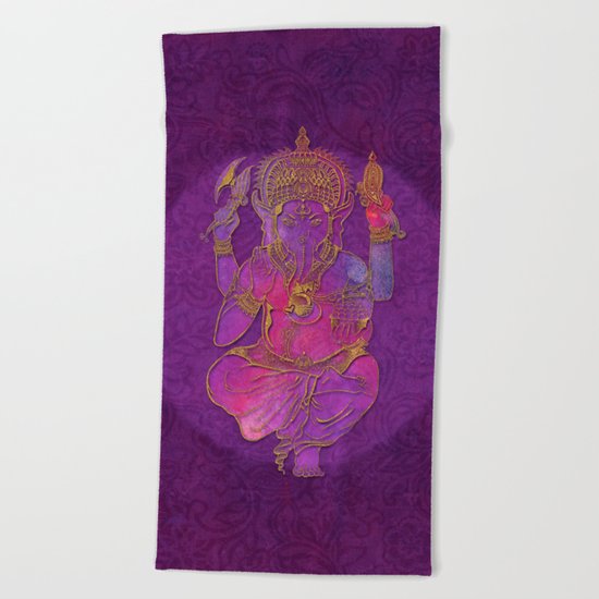 Ganesha hindu god watercolor gold purple art Beach Towel