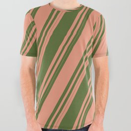 [ Thumbnail: Dark Salmon and Dark Olive Green Colored Striped/Lined Pattern All Over Graphic Tee ]