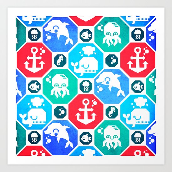 Marine Animals Geometric Pattern Art Print