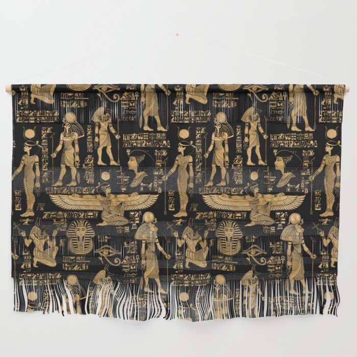 Egyptian hieroglyphs and Gods gold and black Wall Hanging