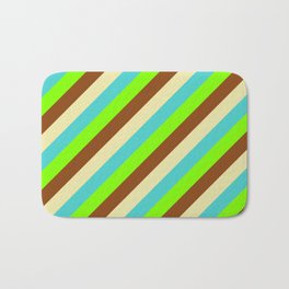[ Thumbnail: Turquoise, Chartreuse, Brown & Pale Goldenrod Colored Lined Pattern Bath Mat ]