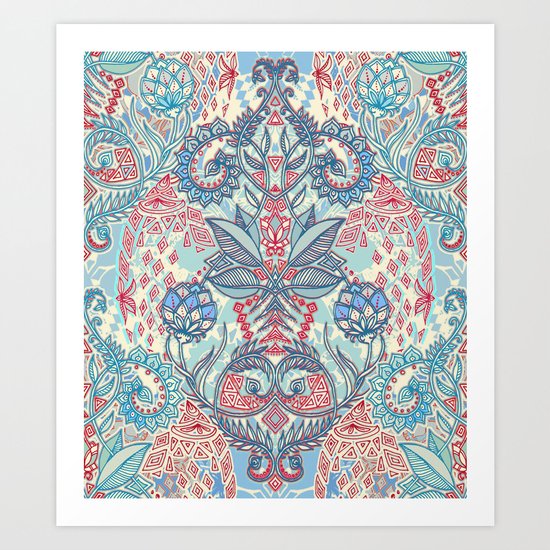 Botanical Geometry - nature pattern in red, blue & cream Art Print