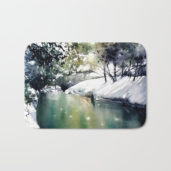 Running water down below in the dark, frozen forest Bath Mat