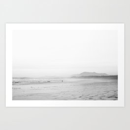 Surfer on Tofino Beach - black & white landscape | Canada travel art photography print Art Print | Sea, Photo, Surf, Travel, Clean, Beach, Canada, Ocean, Nature, Black And White 