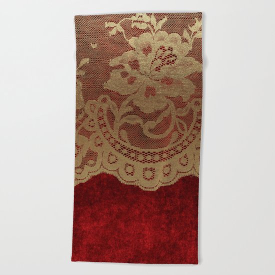 Red Lace Velvet 01 Beach Towel