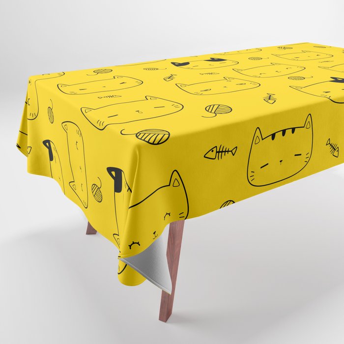 Yellow and Black Doodle Kitten Faces Pattern Tablecloth