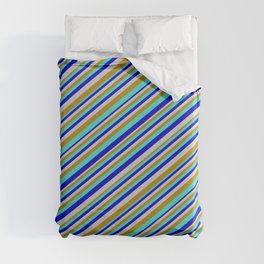 [ Thumbnail: Turquoise, Blue, Light Gray & Dark Goldenrod Colored Pattern of Stripes Duvet Cover ]