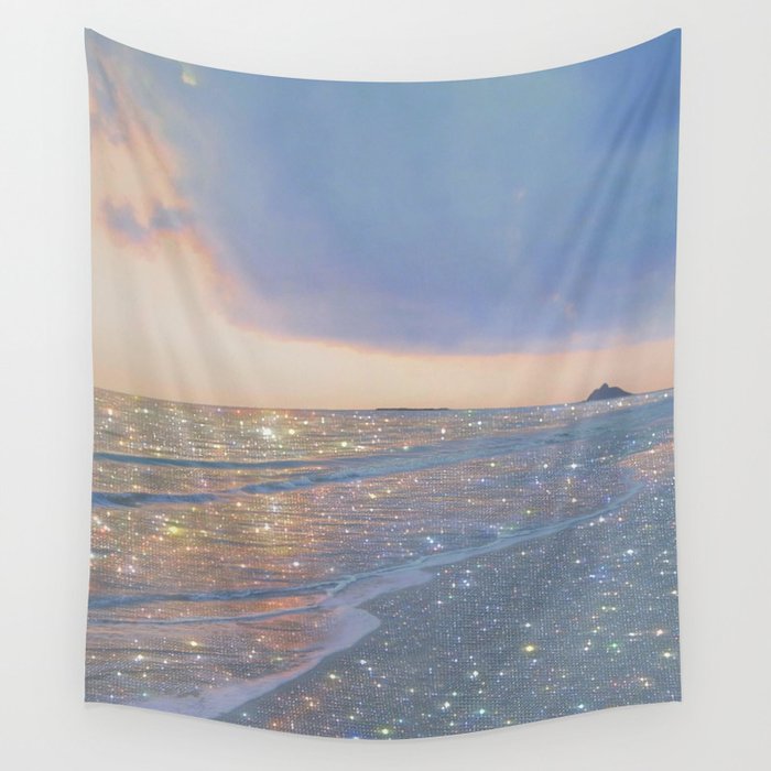 MAGIC OCEAN - glitter artwork by Yana Potter artist. Sparkling waves, pastel blue, beautiful nature. Wall Tapestry