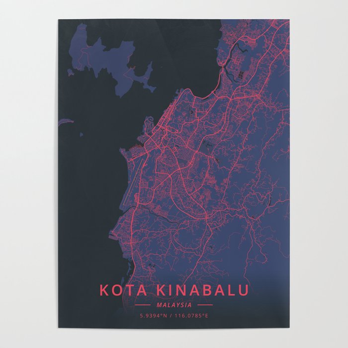 Kota Kinabalu, Malaysia Neon Poster by Designer Map Art Society6