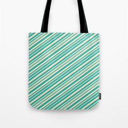 [ Thumbnail: Bisque and Light Sea Green Colored Pattern of Stripes Tote Bag ]