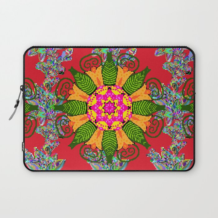 Colored round floral mandala on a red, green and yellow colors. Vintage illustration.  Laptop Sleeve