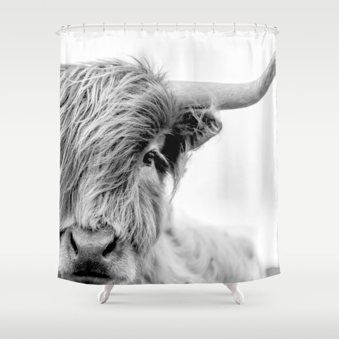 Highland Cow Greyscale Close Up Shower, Highland Cow Shower Curtain Society6