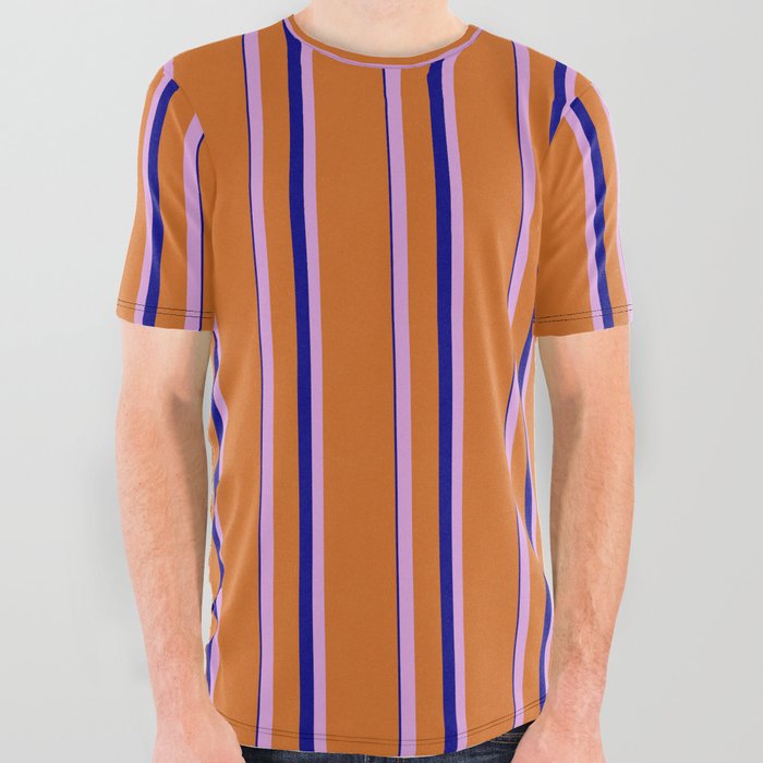 Chocolate, Plum, and Blue Colored Lined/Striped Pattern All Over Graphic Tee