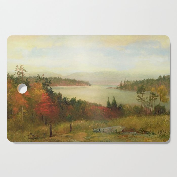 Autumn New England maple tree and birch October foliage lake sunrise alpine landscape painting by H. Dodge Martin Cutting Board