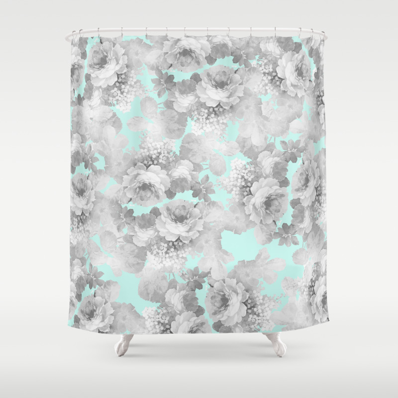 Vintage Black White Teal Stylish Chic Roses Floral Shower Curtain