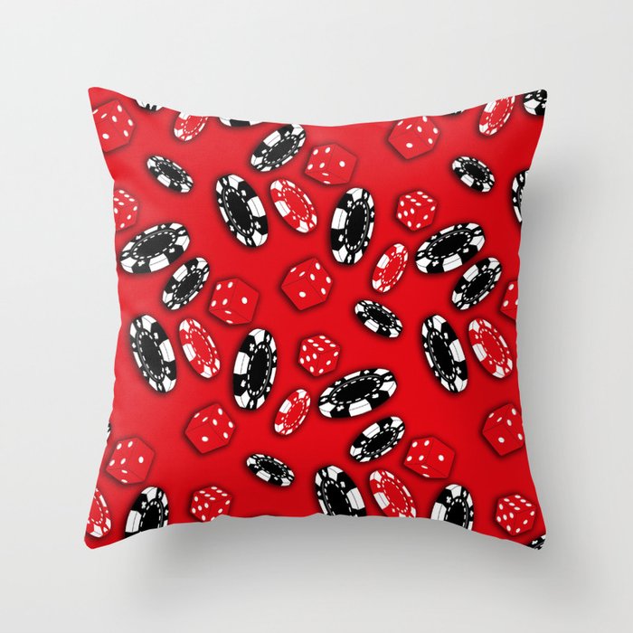 Dice and Casino Chips on Red Throw Pillow