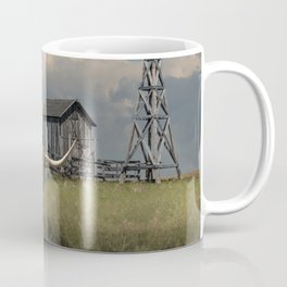 Longhorn Steer in a Prairie pasture by 1880 Town with Windmill and Old Gray Wooden Barn Mug
