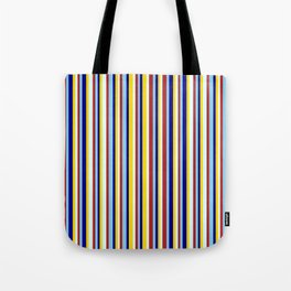 [ Thumbnail: Vibrant Red, Light Cyan, Yellow, Dark Blue, and Sky Blue Colored Lines Pattern Tote Bag ]