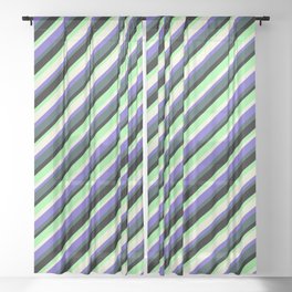 [ Thumbnail: Colorful Beige, Slate Blue, Dark Slate Gray, Black & Green Colored Lined/Striped Pattern Sheer Curtain ]