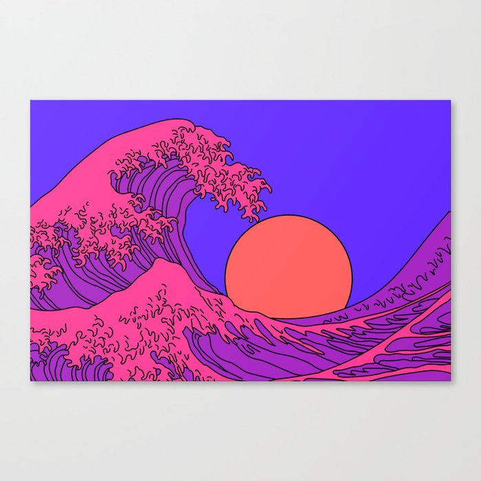 Great Wave in Vaporwave Pop Art style. View on ocean's crest leap toward the sky. Stylized line art illustration of 19th century Japanese print. Canvas Print
