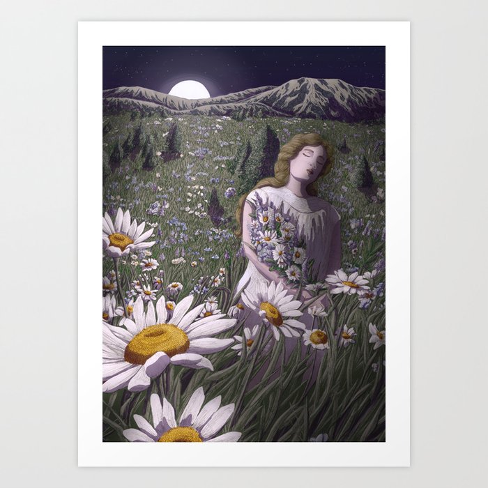 The Moon Rises and I Gather Blooms Art Print