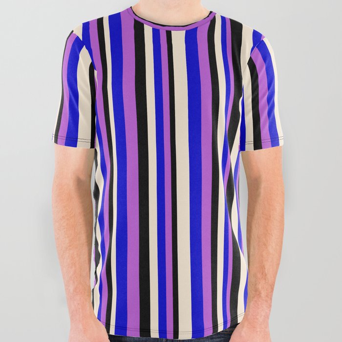 Orchid, Blue, Beige & Black Colored Lines Pattern All Over Graphic Tee