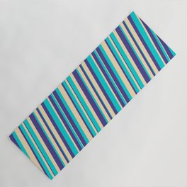 [ Thumbnail: Dark Turquoise, Tan, and Dark Slate Blue Colored Lines/Stripes Pattern Yoga Mat ]