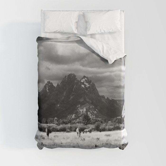 Horse and Grand Teton (Black and White) Duvet Cover