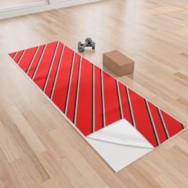[ Thumbnail: Red, Light Gray, and Black Colored Lined Pattern Yoga Towel ]