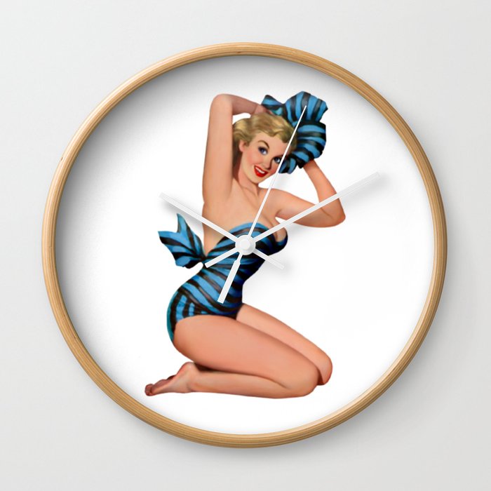 Blonde Pin Up With Black And Blue Dress And Barefoot Shoes Wall Clock