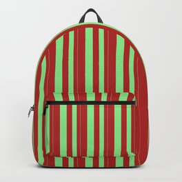 [ Thumbnail: Light Green and Red Colored Pattern of Stripes Backpack ]