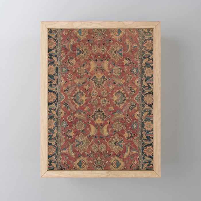 Flowery Boho Rug I // 17th Century Distressed Colorful Red Navy Blue Burlap Tan Ornate Accent Patter Framed Mini Art Print