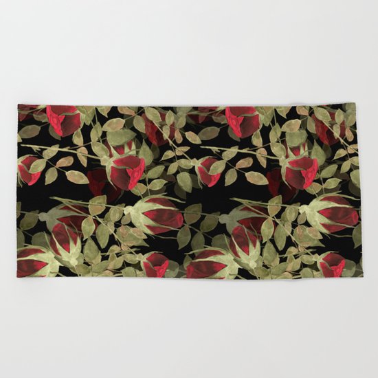 Seamless watercolor roses pattern on black Beach Towel