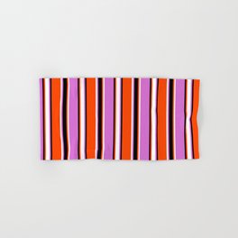 [ Thumbnail: Red, Black, Orchid, and White Colored Stripes Pattern Hand & Bath Towel ]