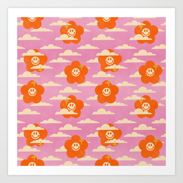 Cute Retro Smiley Flowers Pattern (pink & orange) Art Print