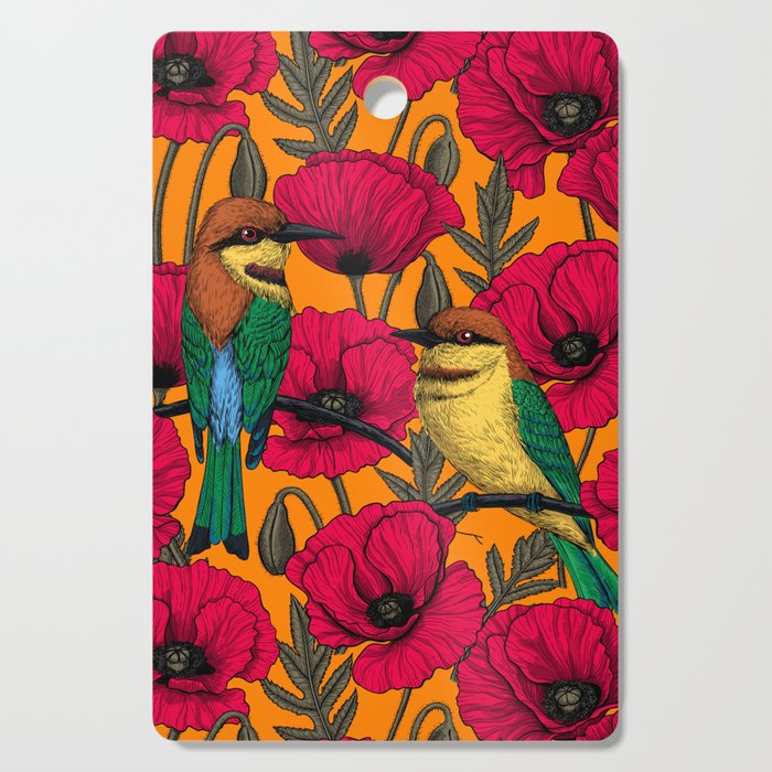 Bee eaters and poppies on orange Cutting Board