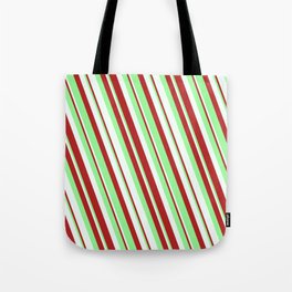 [ Thumbnail: Mint Cream, Red & Green Colored Lined Pattern Tote Bag ]