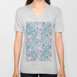 Neon pink green watercolor flamingo tropical leaves V Neck T Shirt