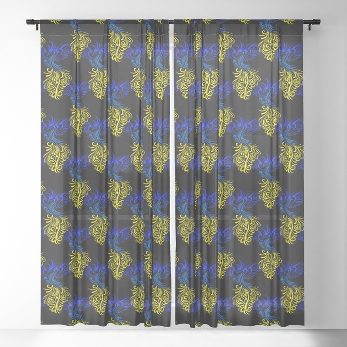 Blue Yellow Artistic Phoenix Illustration Repeat Pattern On Black Sheer Curtain
