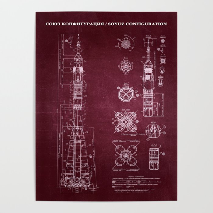 Soyuz Blueprint in High Resolution (red) Poster
