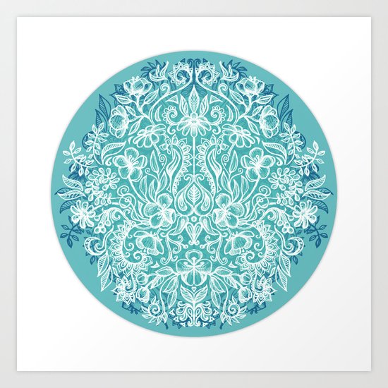 Spring Arrangement - teal & white floral doodle Art Print