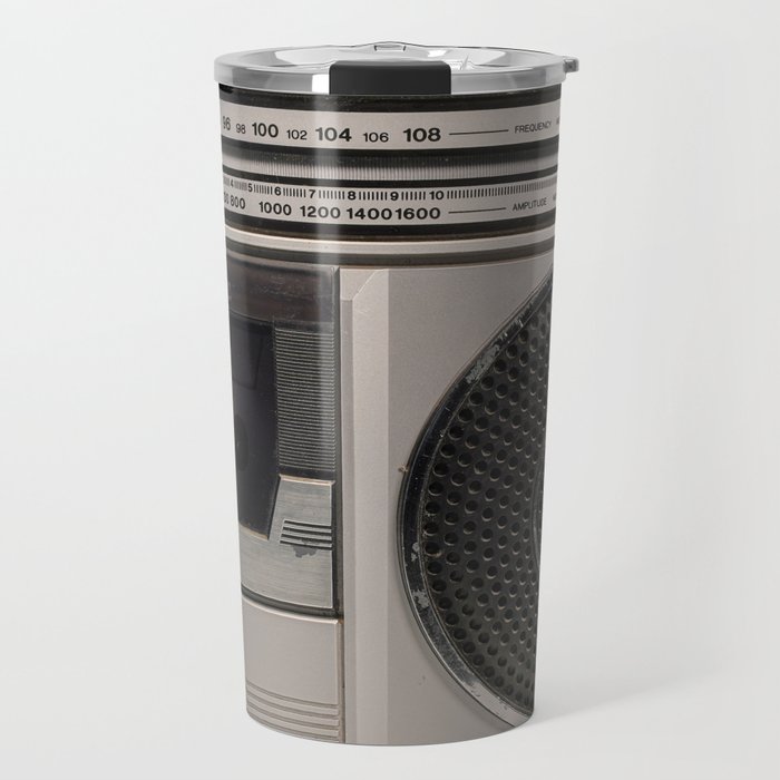 Retro outdated portable stereo radio cassette recorder from 80s. Vintage     Travel Mug
