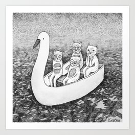 4 cats on a boat Art Print | Children, Water, Illustration, Boat, Swanboat, Curated, Drawing, Animal, Vacation, Trip 