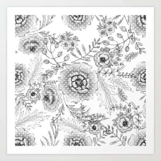 Black and white watercolor floral pattern with polka dots . Art Print