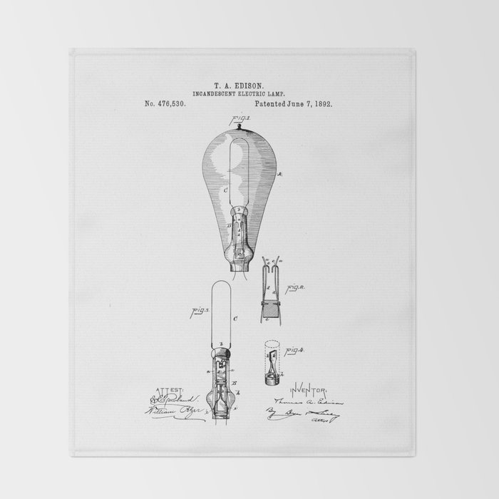 Patent Art Edison 1892 Incandescent Electric Lamp Throw Blanket By Greatartgallery Society6