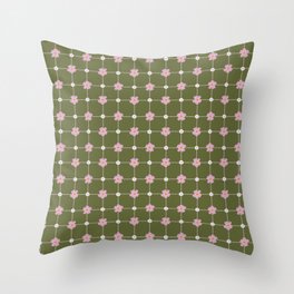 Green and Pink Daisies // Checkered Gingham Pattern Throw Pillow
