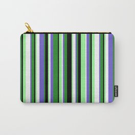 [ Thumbnail: Colorful Forest Green, Slate Blue, White, Green, and Black Colored Stripes Pattern Carry-All Pouch ]